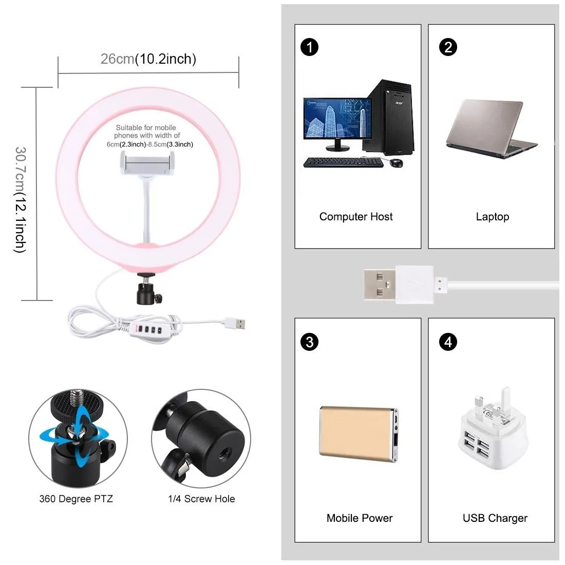 26cm Dimmable LED Ring Light with Tripod & Phone Clamp | Pink