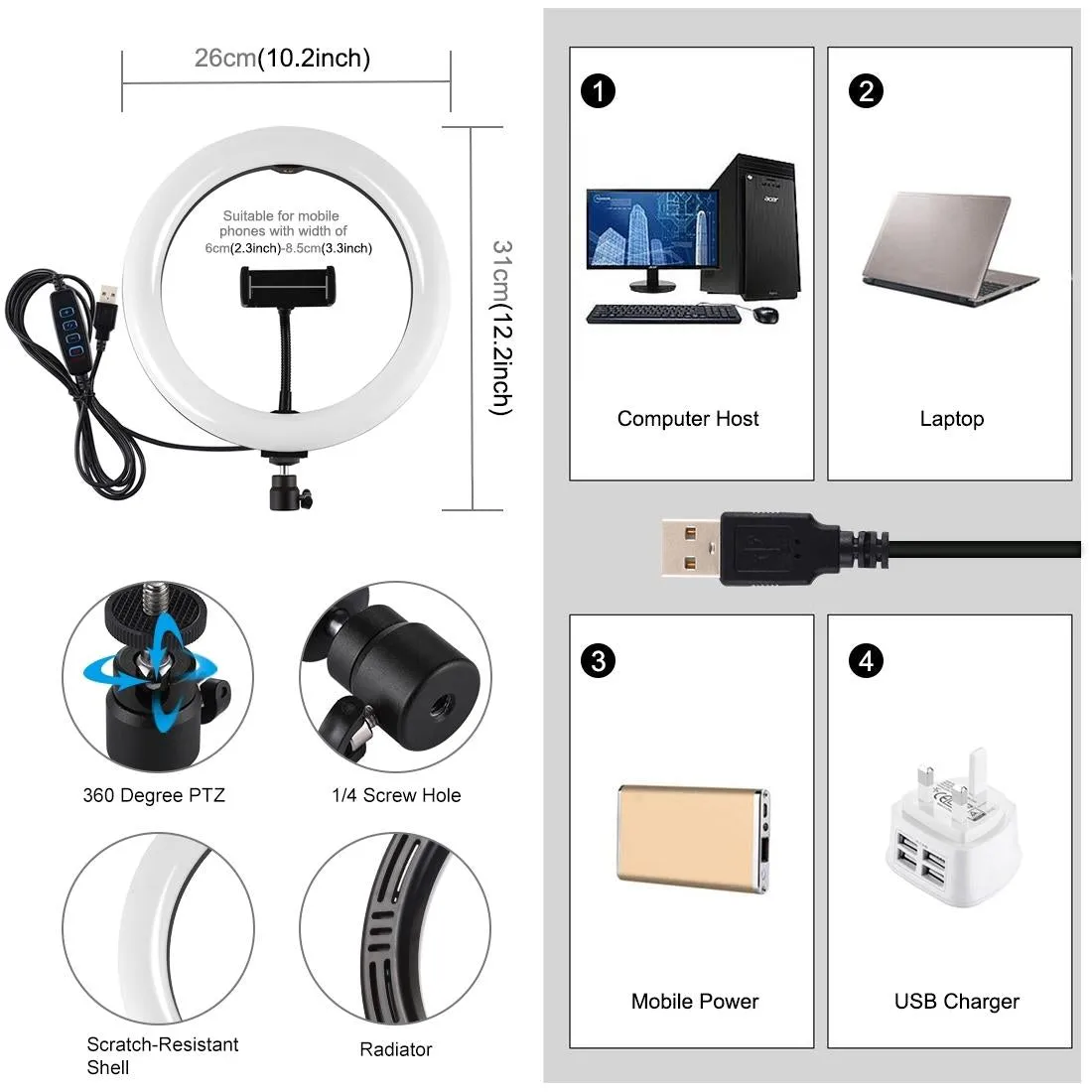 26cm Dimmable LED Ring Light with Tripod & Phone Clamp | Pink