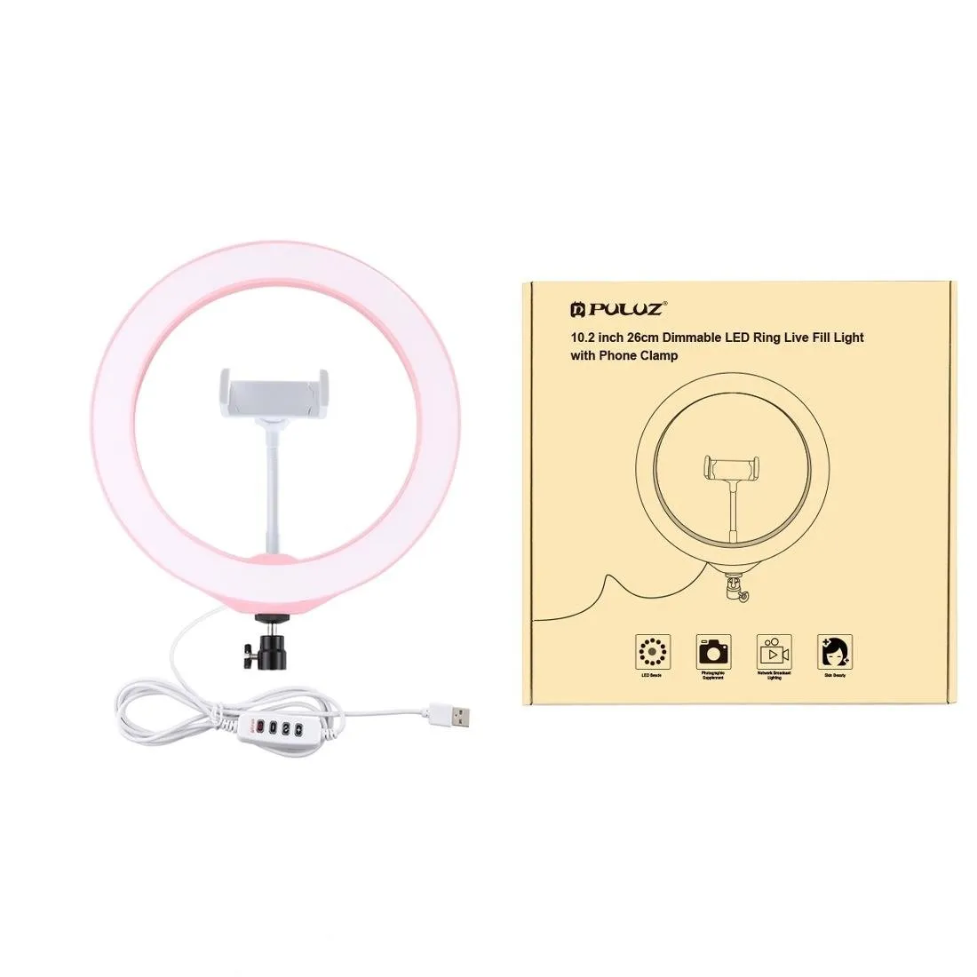 26cm Dimmable LED Ring Light with Tripod & Phone Clamp | Pink