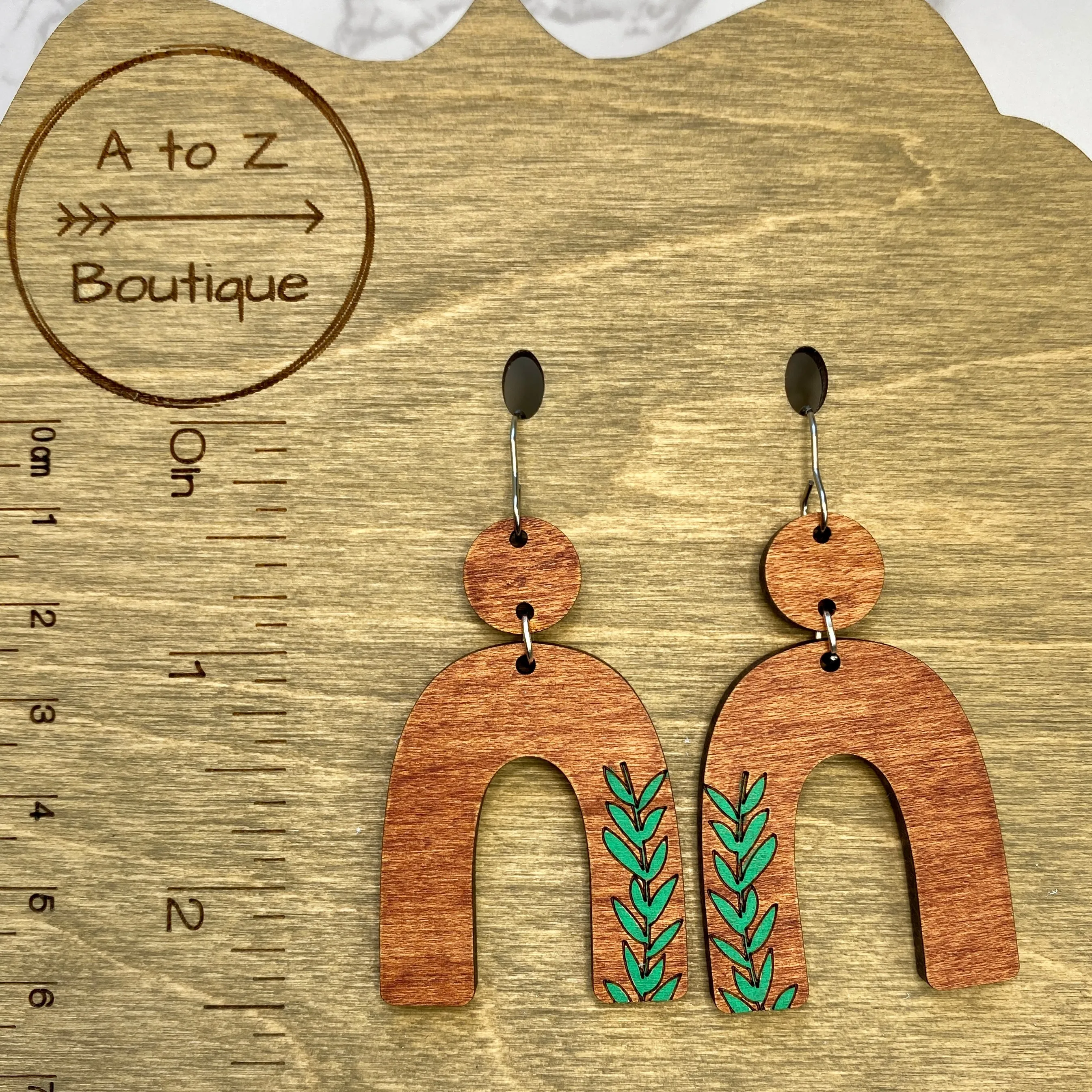 Arched Leaf Wood Hand Painted Earrings