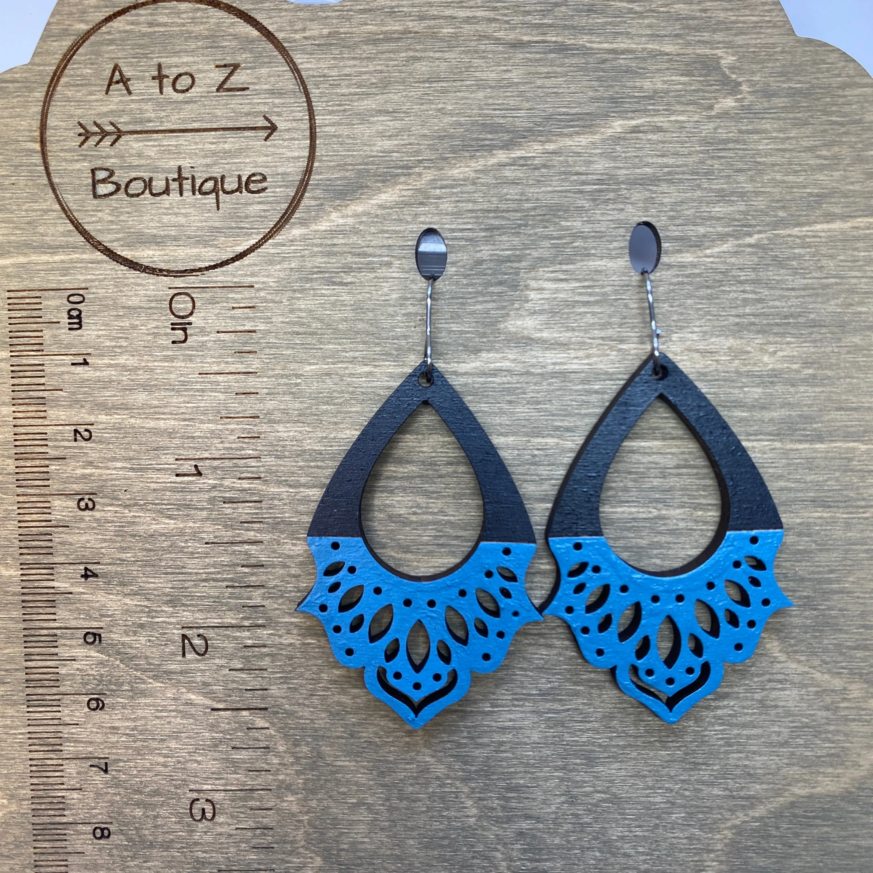 Black and Blue Lace Wood Hand Painted Earrings