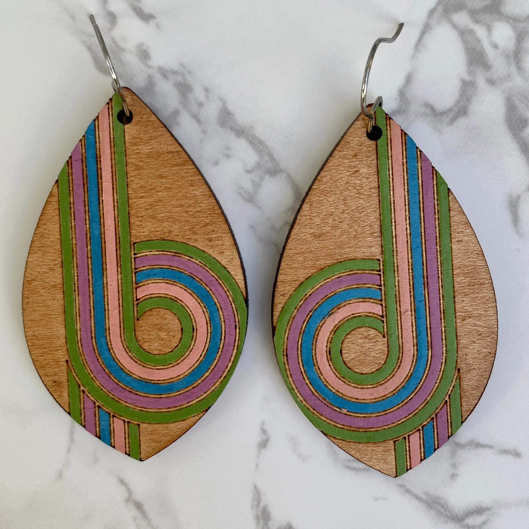 Sage Purple Blue Retro Swirl Hand Painted Earrings