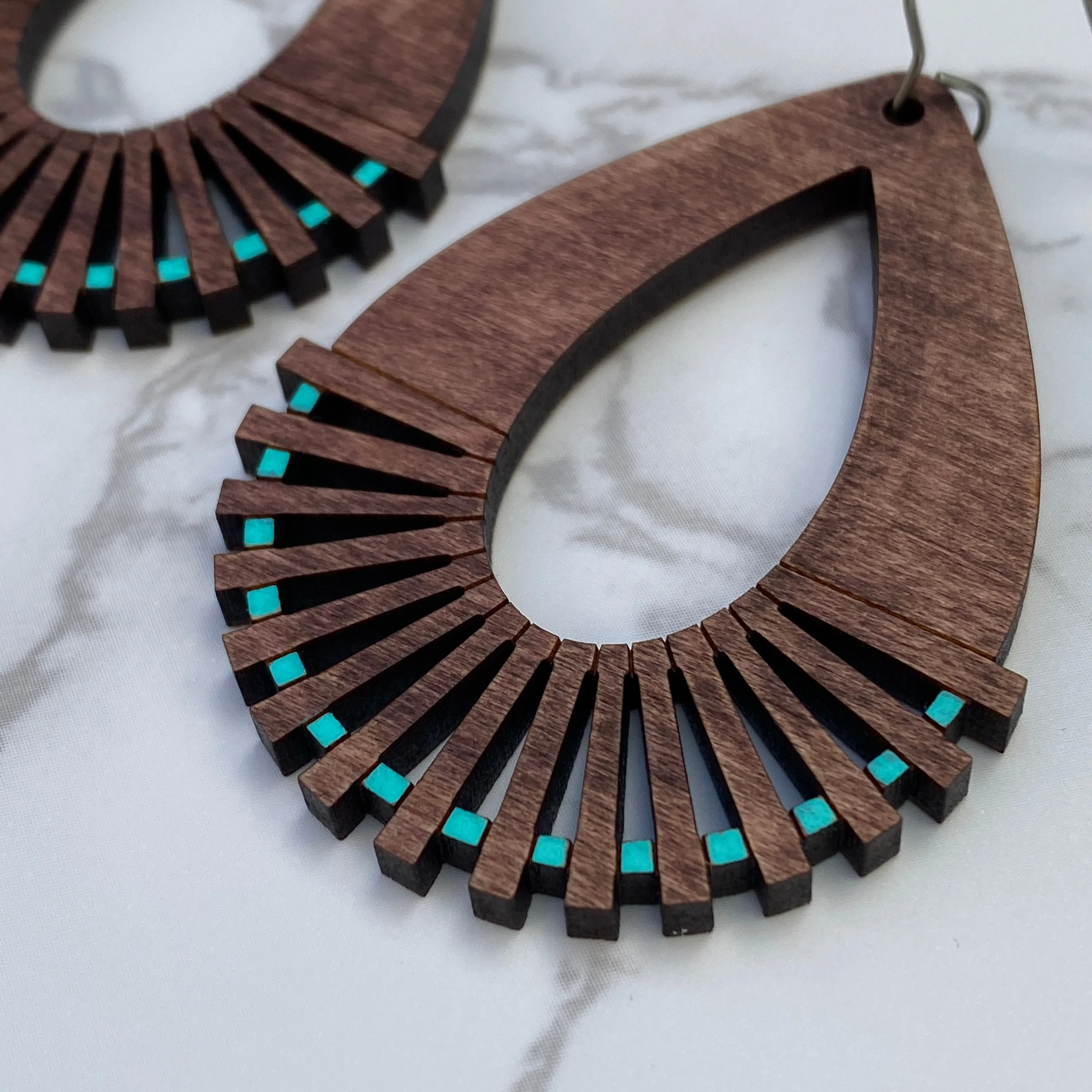 Teal Dot Cutout Teardrop Wood Hand Painted Earrings