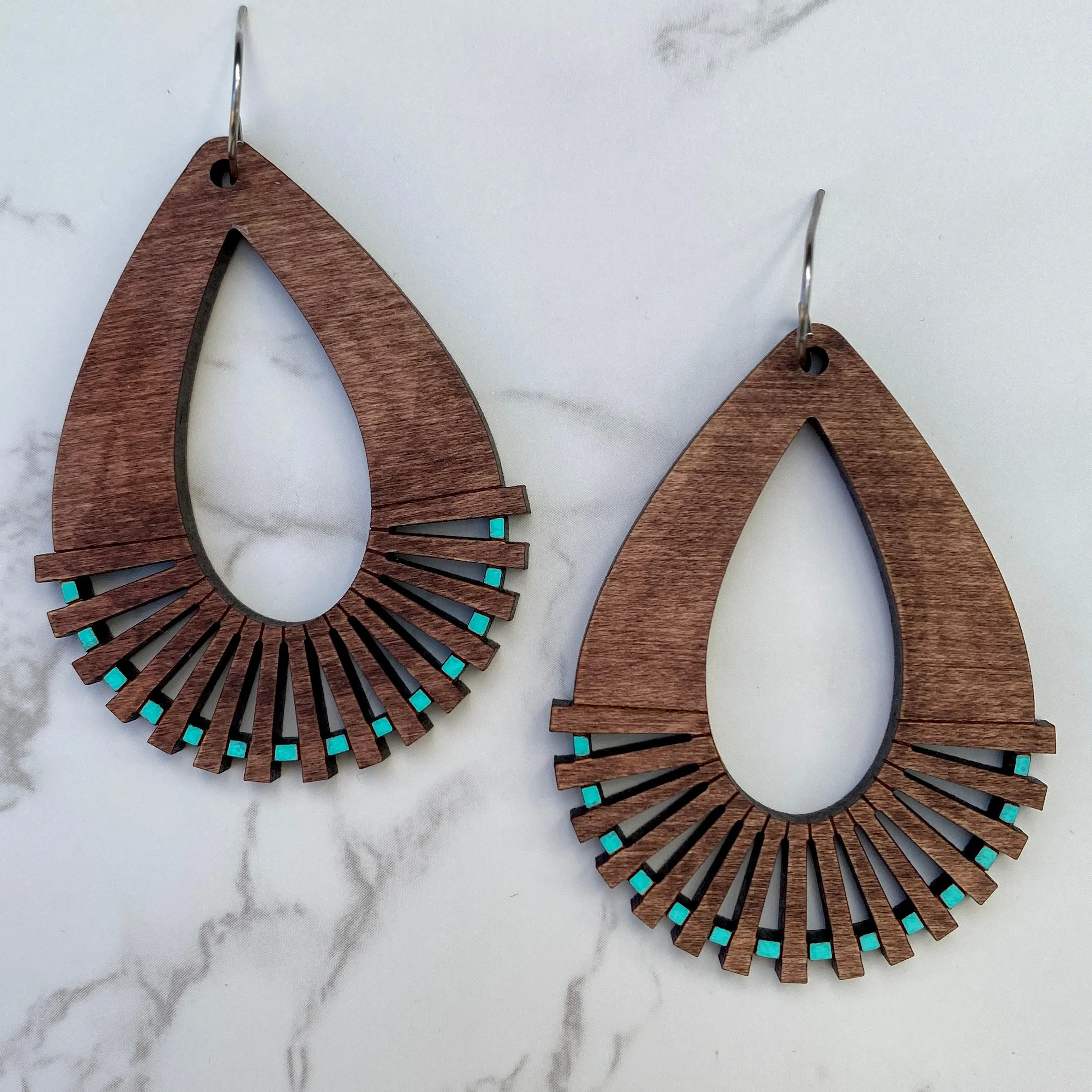 Teal Dot Cutout Teardrop Wood Hand Painted Earrings