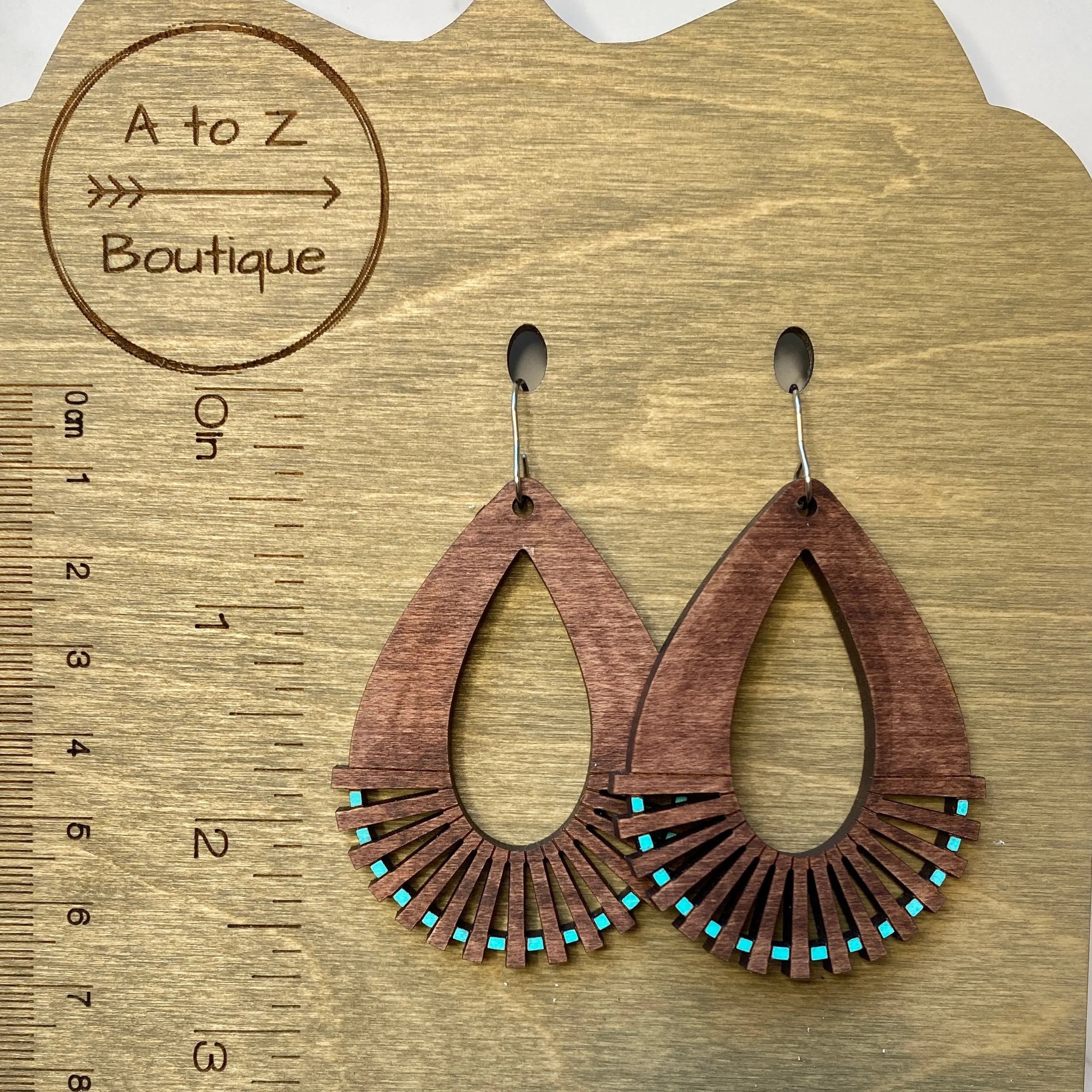Teal Dot Cutout Teardrop Wood Hand Painted Earrings