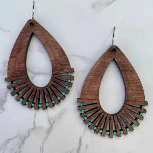 Teal Dot Cutout Teardrop Wood Hand Painted Earrings